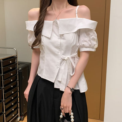 Asymmetric Cold-Shoulder Short-Sleeved Shirt