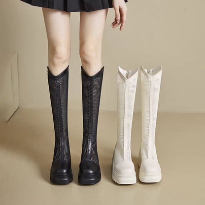 Block Platform Mesh Boots Heel Tall Plain
