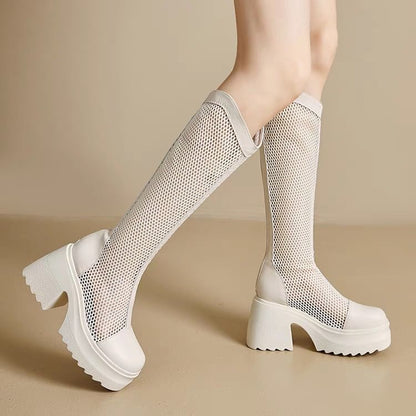 Block Platform Mesh Boots Heel Tall Plain
