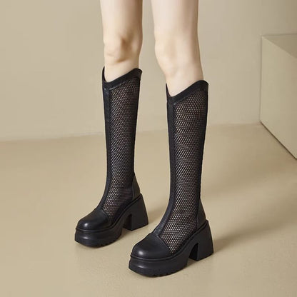 Block Platform Mesh Boots Heel Tall Plain