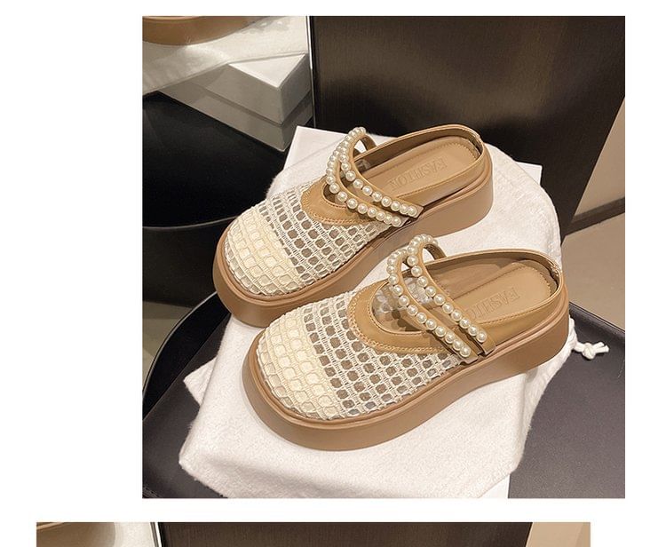 Pearl Platform Detail Faux Mesh Mules