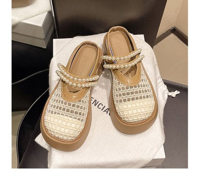 Pearl Platform Detail Faux Mesh Mules