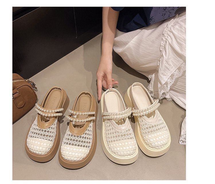 Pearl Platform Detail Faux Mesh Mules