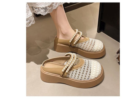 Pearl Platform Detail Faux Mesh Mules