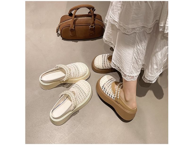 Pearl Platform Detail Faux Mesh Mules