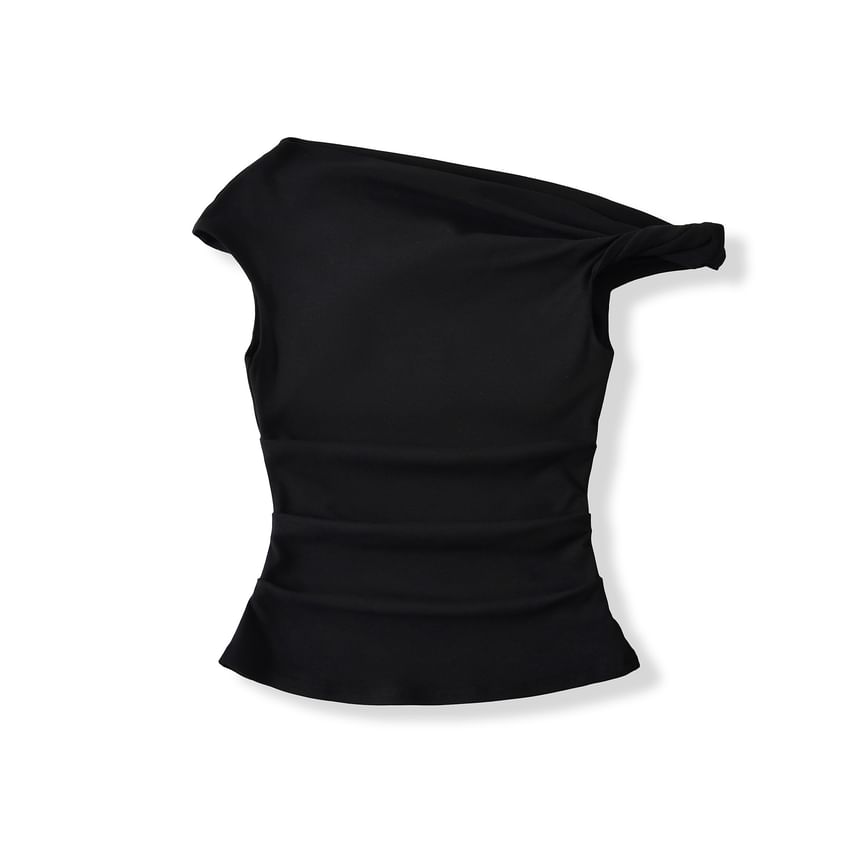 Off-Shoulder Asymmetric Cropped Plain Top, Short-Sleeved