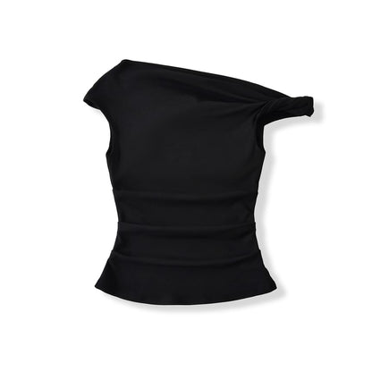 Off-Shoulder Asymmetric Cropped Plain Top, Short-Sleeved