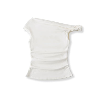 Off-Shoulder Asymmetric Cropped Plain Top, Short-Sleeved