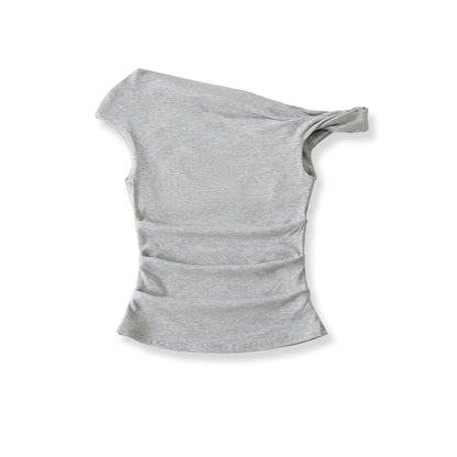 Off-Shoulder Asymmetric Cropped Plain Top, Short-Sleeved