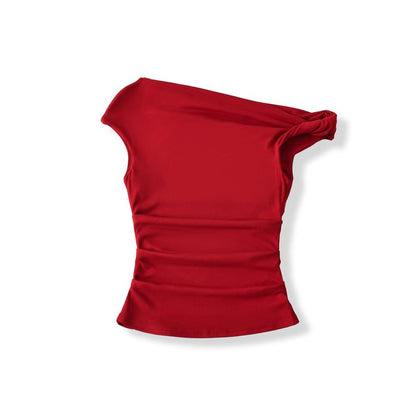 Off-Shoulder Asymmetric Cropped Plain Top, Short-Sleeved