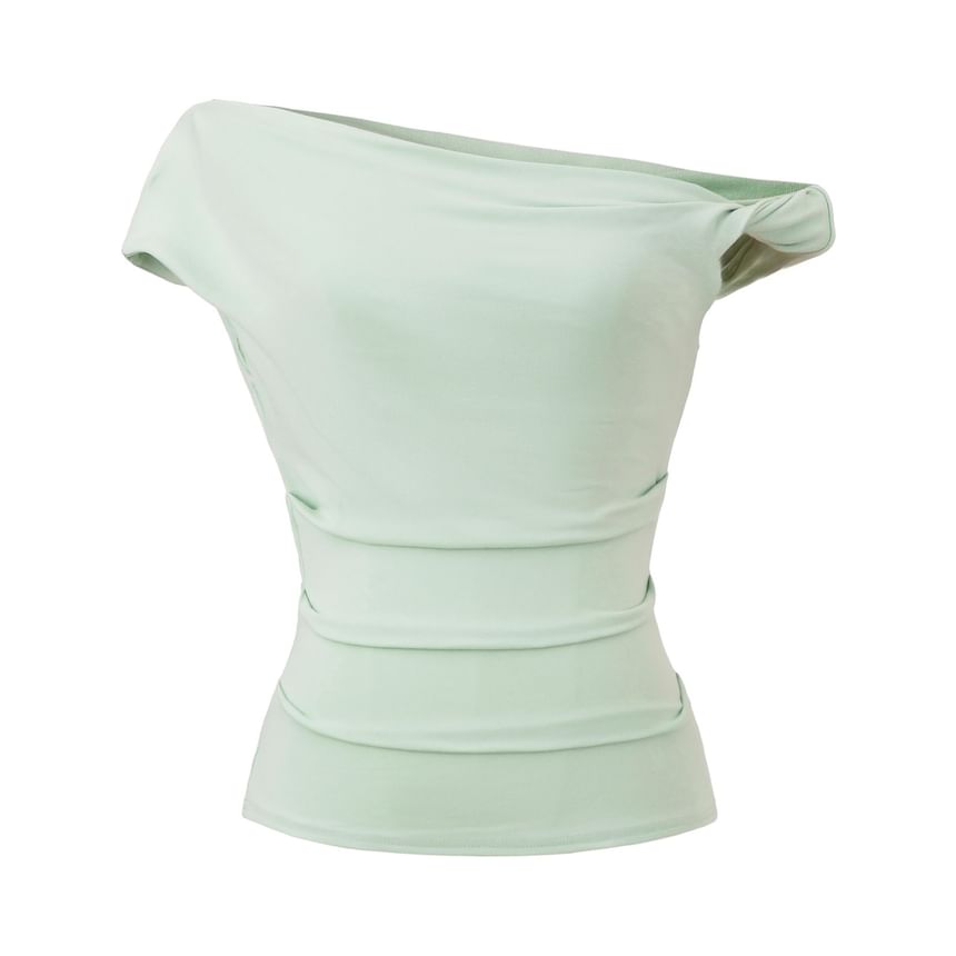 Off-Shoulder Asymmetric Cropped Plain Top, Short-Sleeved