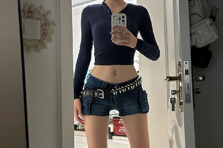 Low Waist Washed Denim Shorts
