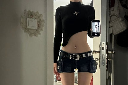 Low Waist Washed Denim Shorts