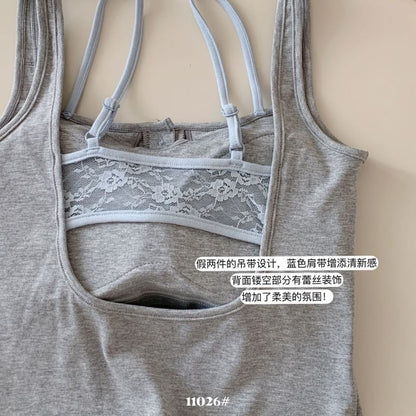 Open-Back Henley Tank with Padded Mock-Layer Cropped Slim Fit