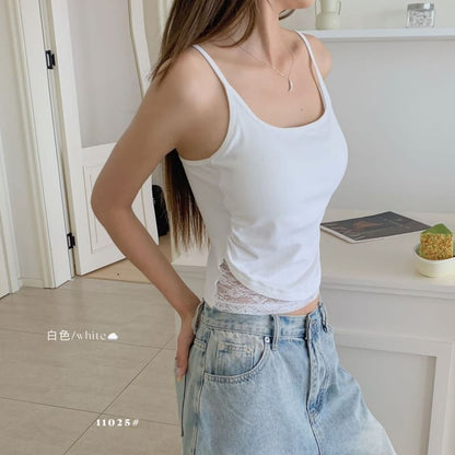 Ruched Lace-Paneled Padded Slim Camisole Top