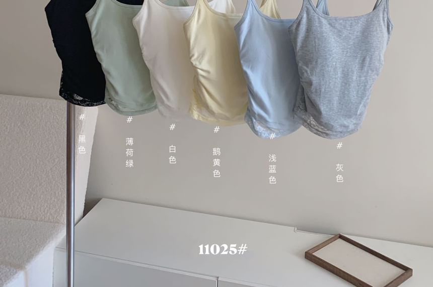 Ruched Lace-Paneled Padded Slim Camisole Top