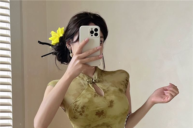 Cap-Sleeve Stand Collar Floral Print Cutout Ruched Mini Sheath Qipao