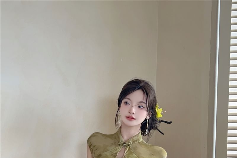 Cap-Sleeve Stand Collar Floral Print Cutout Ruched Mini Sheath Qipao