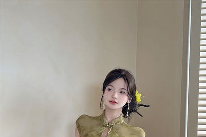 Cap-Sleeve Stand Collar Floral Print Cutout Ruched Mini Sheath Qipao