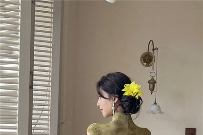 Cap-Sleeve Stand Collar Floral Print Cutout Ruched Mini Sheath Qipao