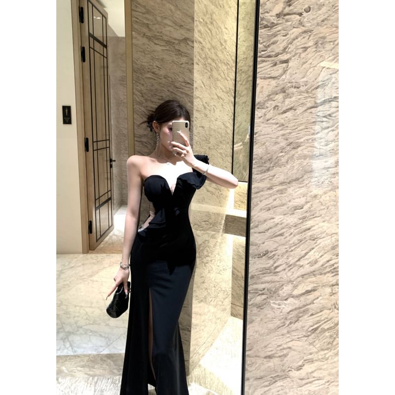 Sleeveless One-Shoulder Plain Ruffle Trim Slit Mermaid Evening Gown