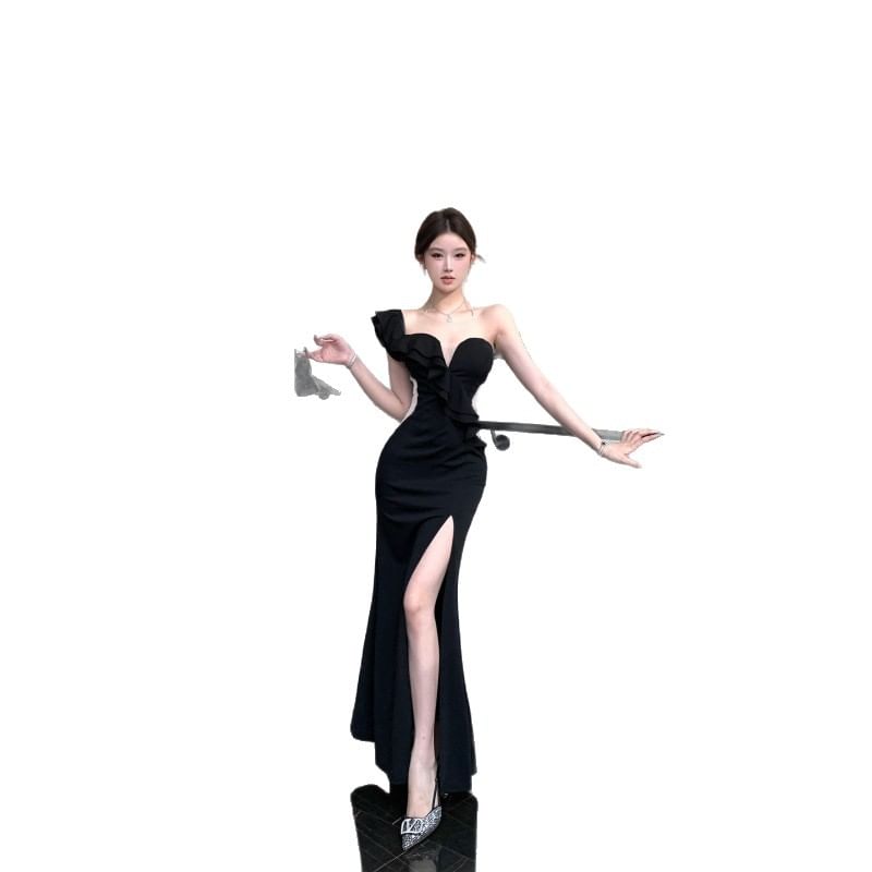 Sleeveless One-Shoulder Plain Ruffle Trim Slit Mermaid Evening Gown