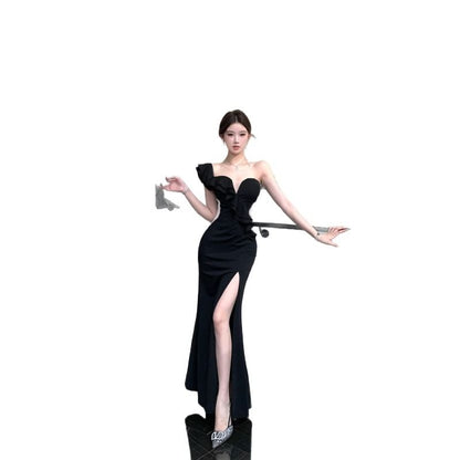 Sleeveless One-Shoulder Plain Ruffle Trim Slit Mermaid Evening Gown