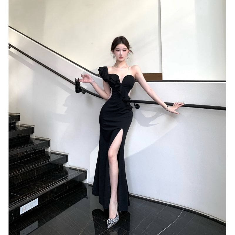 Sleeveless One-Shoulder Plain Ruffle Trim Slit Mermaid Evening Gown