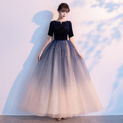 3/4-Sleeve Notch Neck Gradient Glitter A-Line Evening Dress / Short-Sleeve Evening Dress