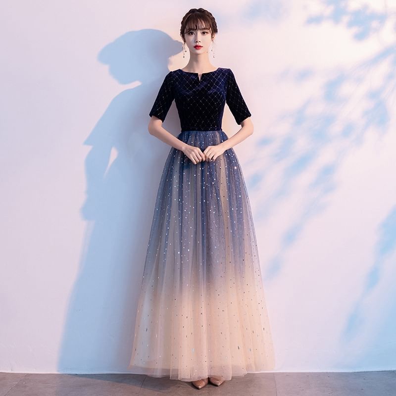 3/4-Sleeve Notch Neck Gradient Glitter A-Line Evening Dress / Short-Sleeve Evening Dress