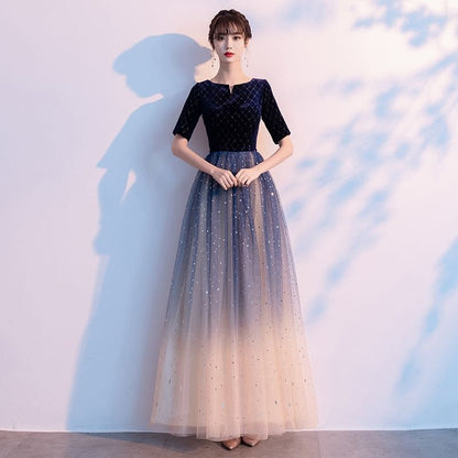 3/4-Sleeve Notch Neck Gradient Glitter A-Line Evening Dress / Short-Sleeve Evening Dress