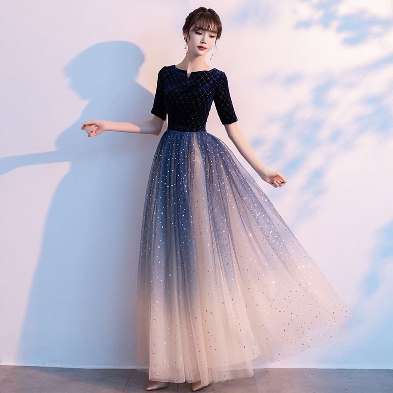 3/4-Sleeve Notch Neck Gradient Glitter A-Line Evening Dress / Short-Sleeve Evening Dress