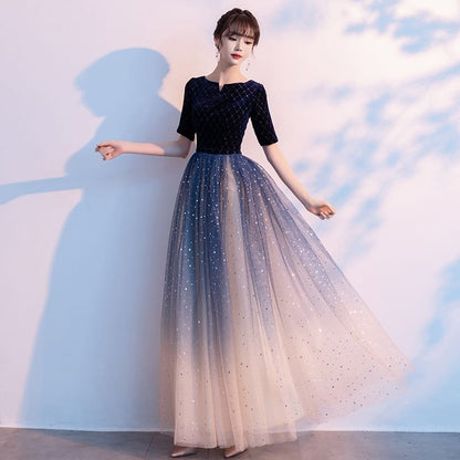 3/4-Sleeve Notch Neck Gradient Glitter A-Line Evening Dress / Short-Sleeve Evening Dress