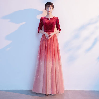 3/4-Sleeve Notch Neck Gradient Glitter A-Line Evening Dress / Short-Sleeve Evening Dress