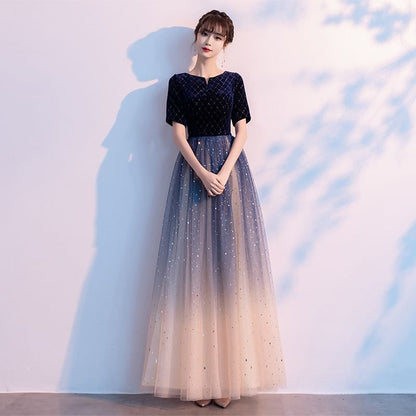 3/4-Sleeve Notch Neck Gradient Glitter A-Line Evening Dress / Short-Sleeve Evening Dress