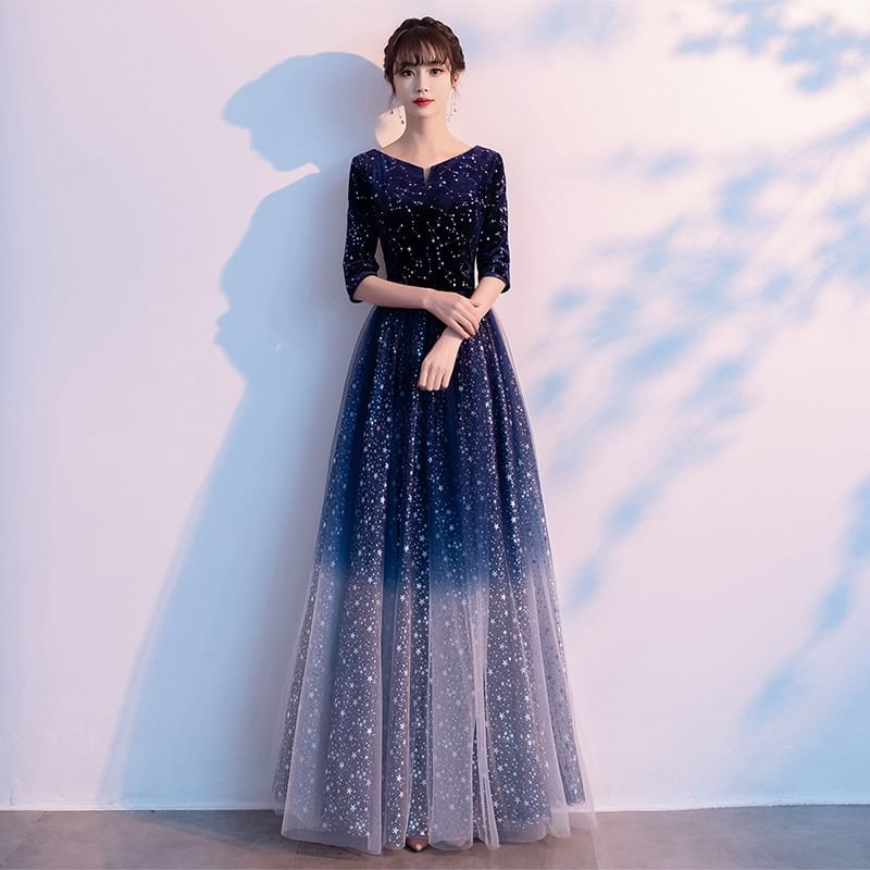 3/4-Sleeve Notch Neck Gradient Glitter A-Line Evening Dress / Short-Sleeve Evening Dress
