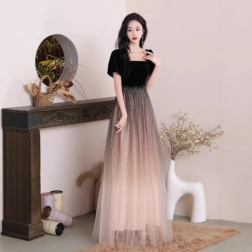 Puff-Sleeve Square Neck Mesh Panel A-Line Evening Gown