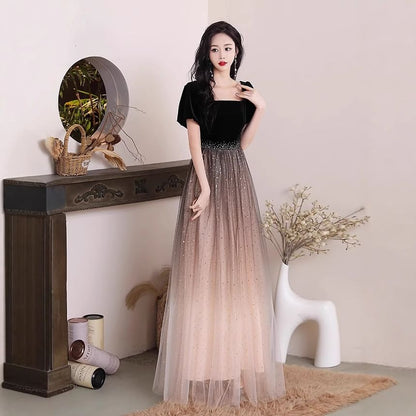 Puff-Sleeve Square Neck Mesh Panel A-Line Evening Gown