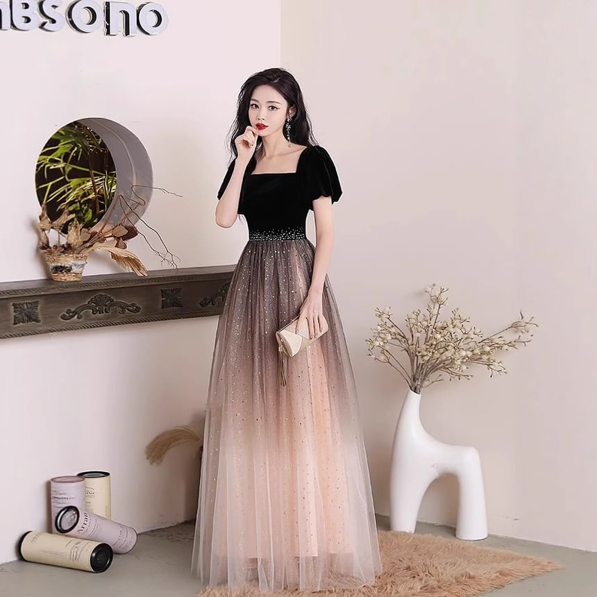 Puff-Sleeve Square Neck Mesh Panel A-Line Evening Gown
