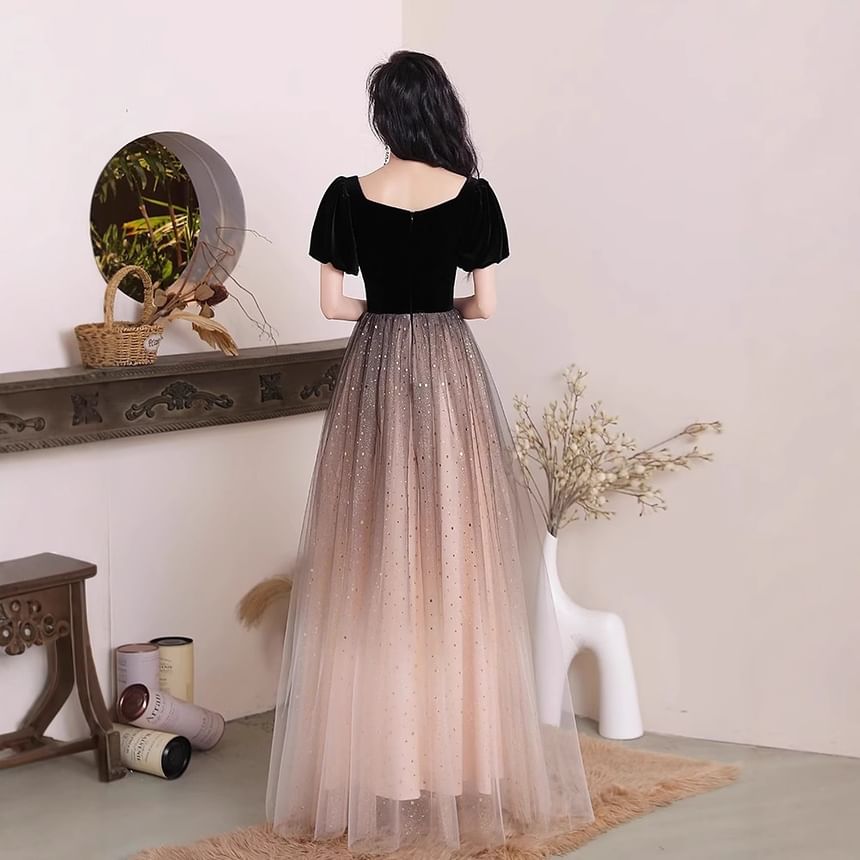 Puff-Sleeve Square Neck Mesh Panel A-Line Evening Gown