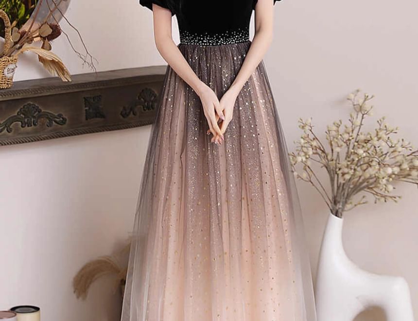 Puff-Sleeve Square Neck Mesh Panel A-Line Evening Gown