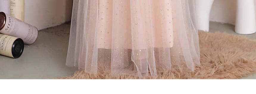 Puff-Sleeve Square Neck Mesh Panel A-Line Evening Gown
