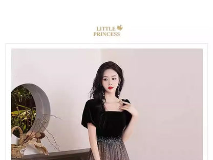 Mesh Square A-Line Panel Gown Evening Puff-Sleeve Neck