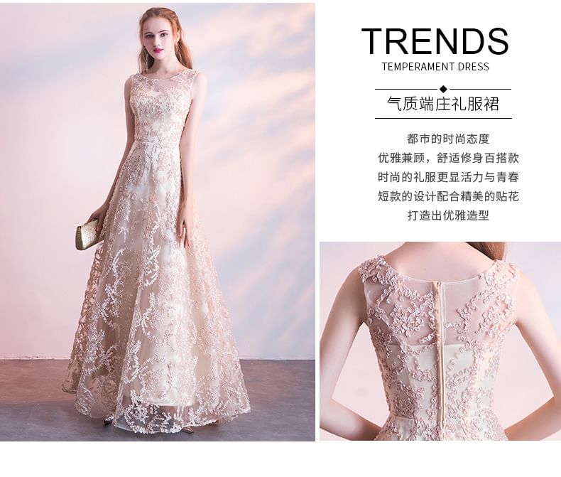 Embroidered Gown Neck Crew 3/4-Sleeve A-Line Evening Mesh Sleeveless /