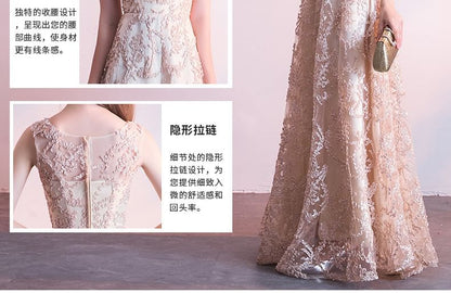 Embroidered Gown Neck Crew 3/4-Sleeve A-Line Evening Mesh Sleeveless /