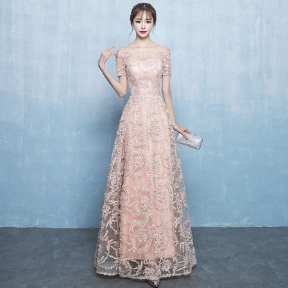 Short-Sleeve Off-Shoulder Embroidered Mesh A-Line Evening Gown / Midi Evening Dress