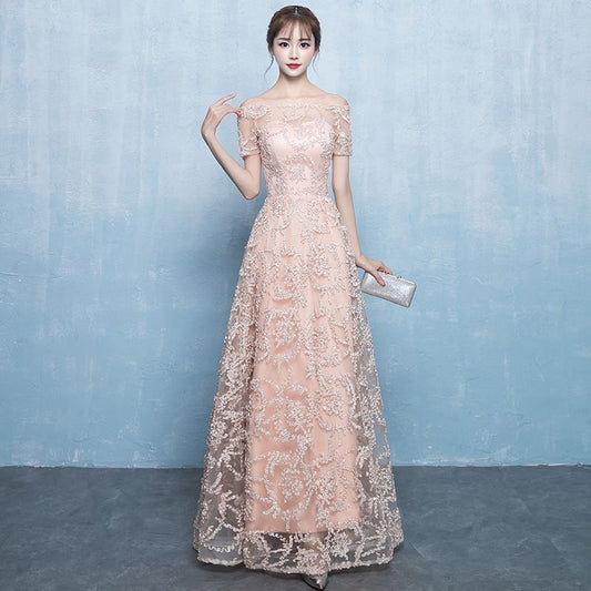 Short-Sleeve Off-Shoulder Embroidered Mesh A-Line Evening Gown / Midi Evening Dress