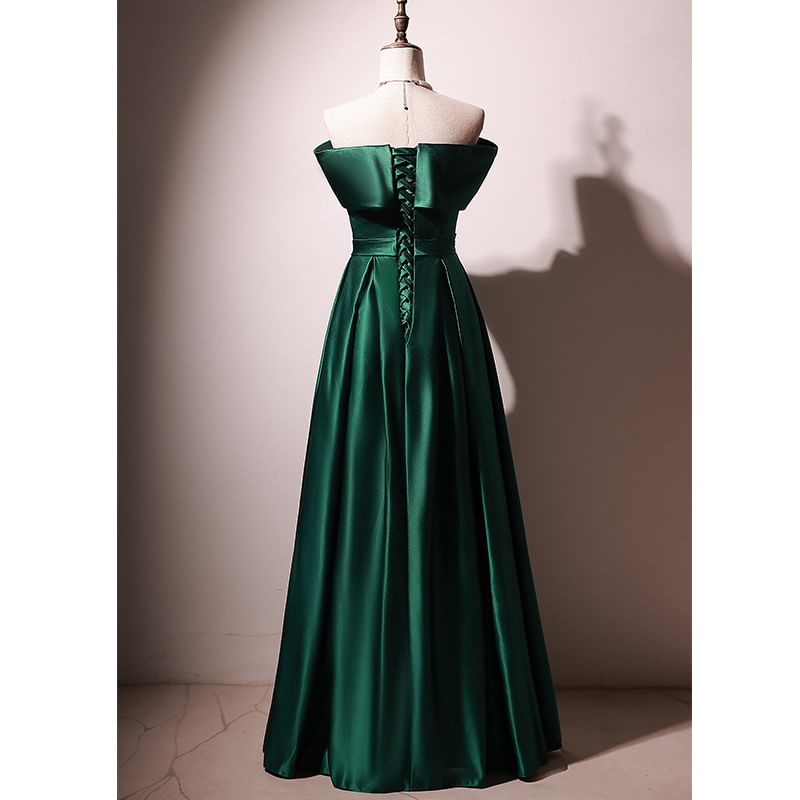 Off-Shoulder Plain Ruched Pleated Satin A-Line Evening Gown