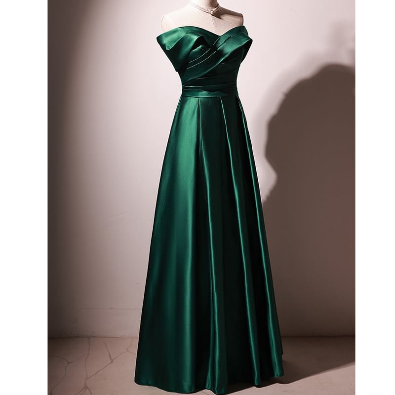 Pleated Gown Evening Ruched Satin A-Line Off-Shoulder Plain