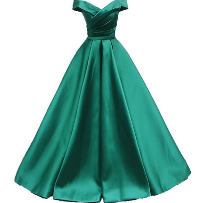 Off-Shoulder Plain Ruched Pleated Satin A-Line Evening Gown